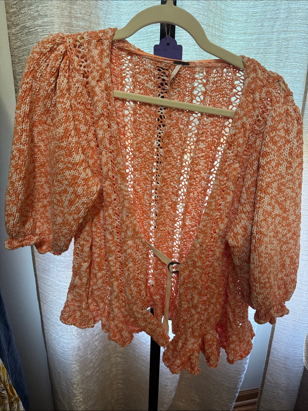 Free People Orange Marled Open-Knit Tie-Front Cardigan